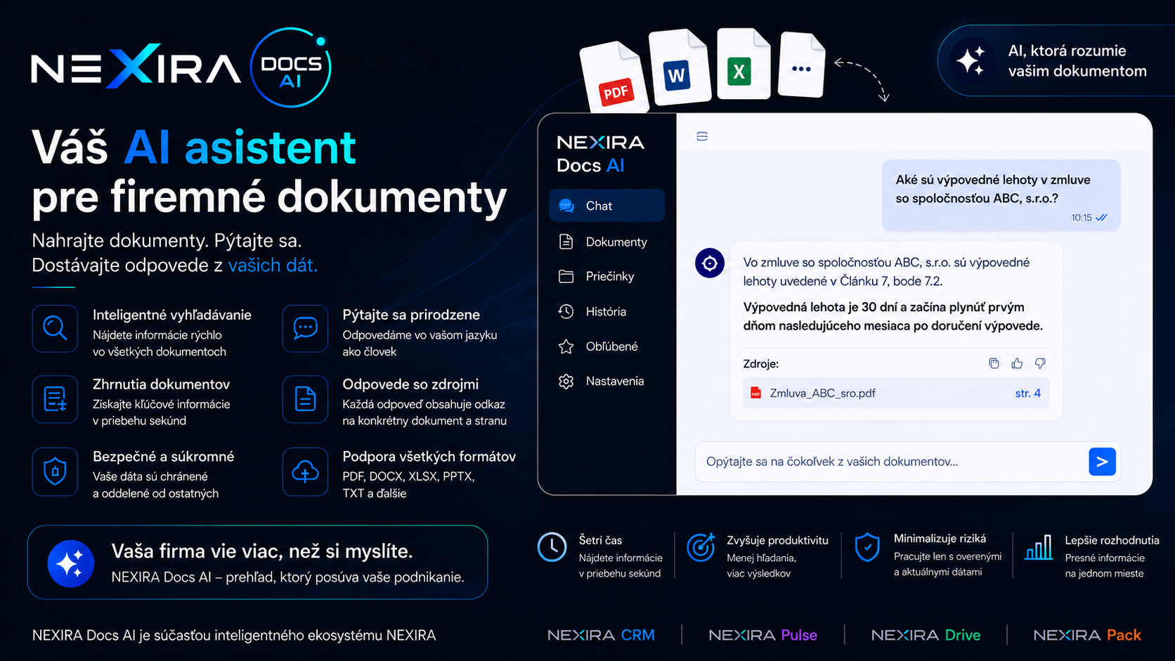 NEXIRA Docs AI – inteligentné vyhľadávanie, prirodzené otázky, zhrnutia dokumentov, odpovede so zdrojmi, podpora PDF/DOCX/XLSX, súčasť ekosystému NEXIRA.