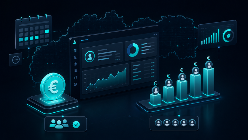 NEXIRA CRM dashboard na pozadí mapy Slovenska, vedľa rastúce stĺpce s eurom a používateľmi znázorňujúce cenu za používateľa