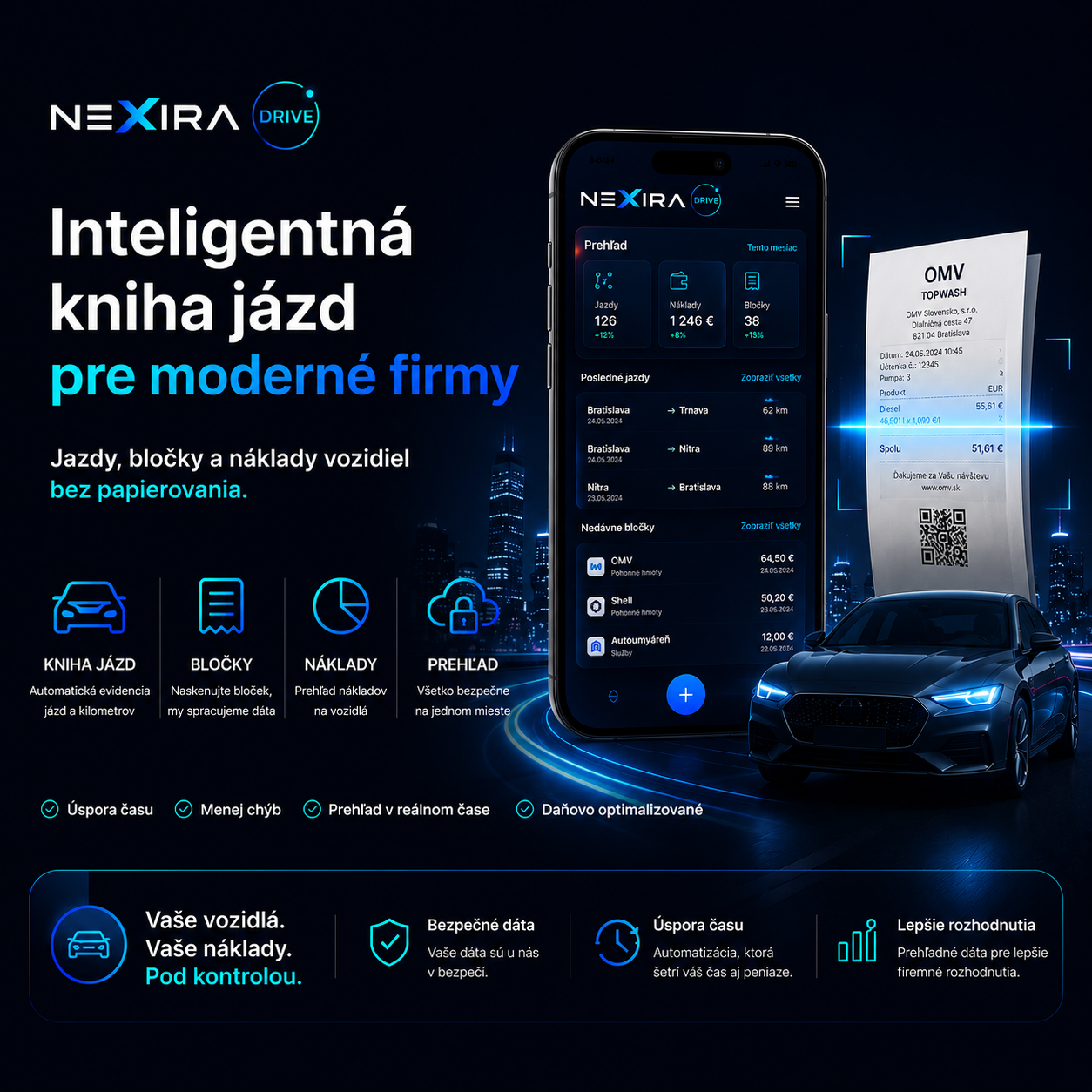 NEXIRA DRIVE – inteligentná kniha jázd s AI skenovaním bločkov