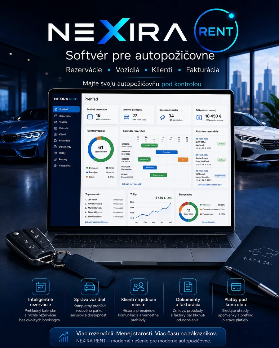 NEXIRA RENT – softvér pre autopožičovne: rezervácie, vozidlá, klienti, prehľad tržieb a stav platieb.