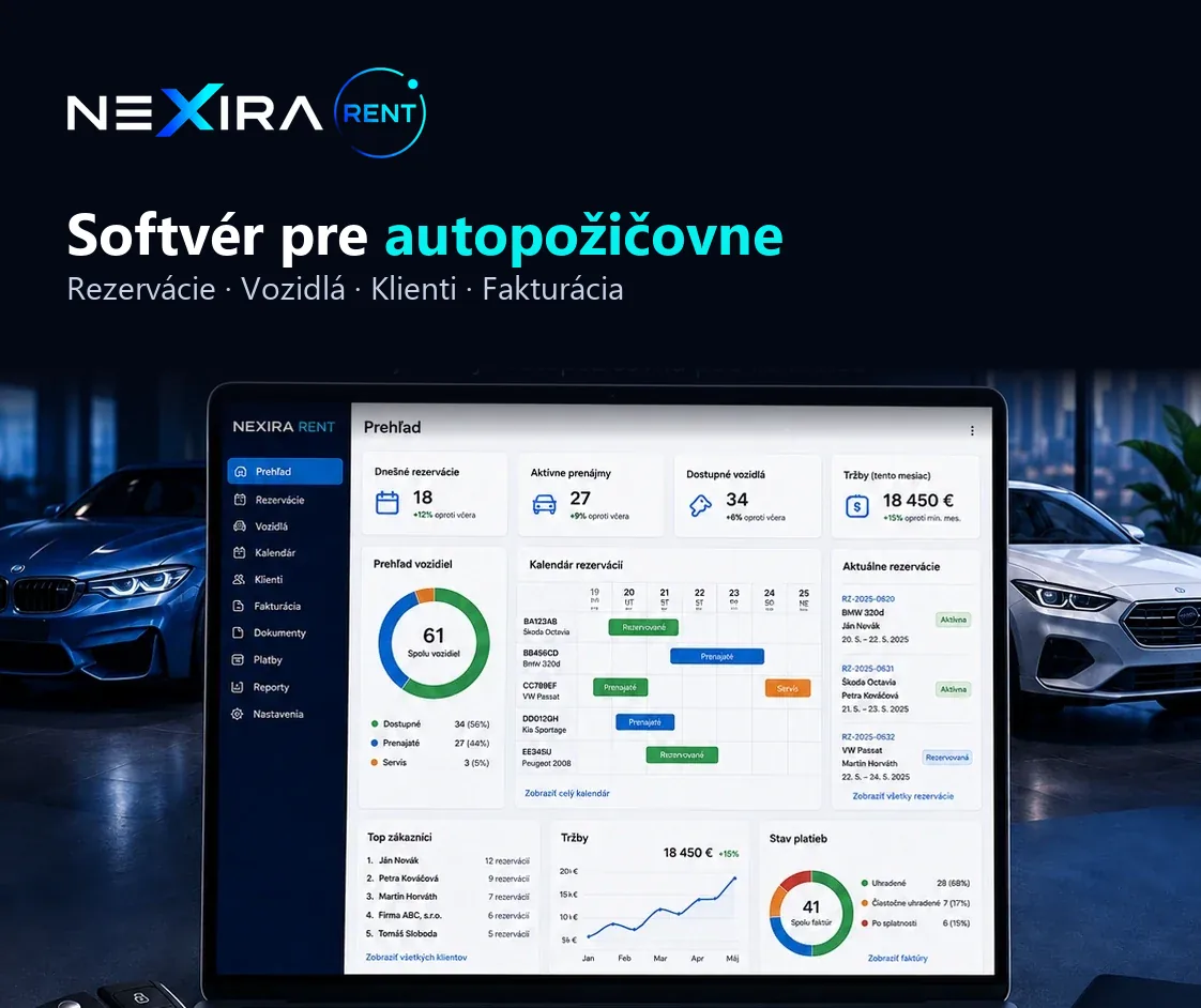 NEXIRA RENT – softvér pre autopožičovne: rezervácie, vozidlá, klienti a prehľad tržieb